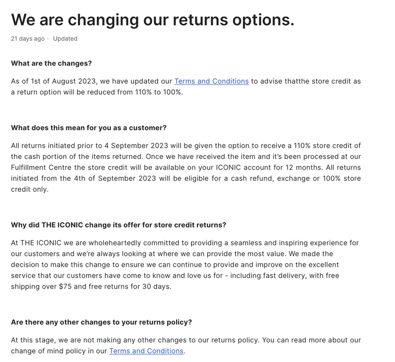 Changes in return options